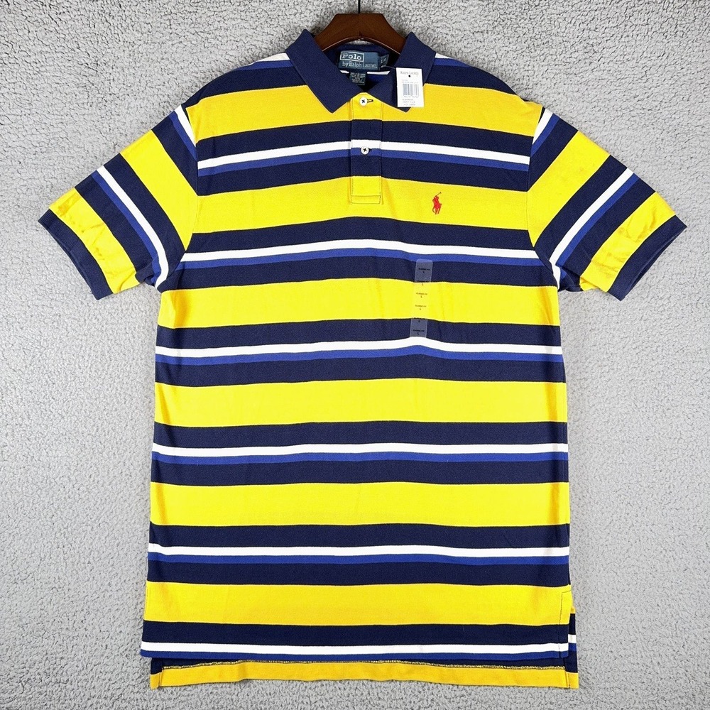 Ralph Lauren Classic Fit Polo Shirt Mens L Striped NWT Canary Yellow Navy White